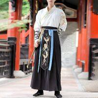 Hanfu เครื่องแต่งกายของผู้ชายสไตล์ศิลปะการต่อสู้ของผู้ชายกระโปรงสีดำเสื้อคลุมชุดจีนใหม่