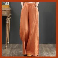 【มีไซส์ใหญ่】Plus Size M-4XL Womens Solid Color Pants Elastic Waist Cotton&amp;Linen Wide Leg Vintage All Matching Trousers