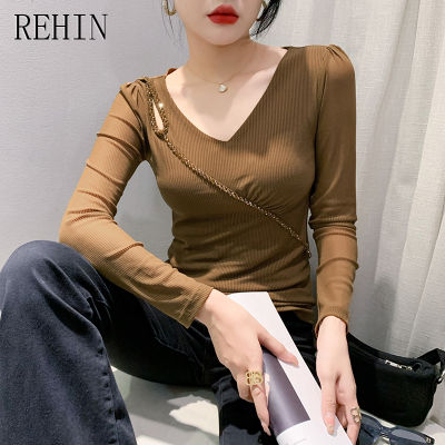 REHIN เสื้อเชิ๊ตผู้หญิงคอวีแขนพองเสื้อยืดผ้าตาข่าย,เสื้อแขนยาวลูกปัดแฟชั่นสไตล์เกาหลีเสื้อเชิ๊ตผู้หญิงคอวีแบบกระชับฐานฤดูใบไม้ร่วง2023