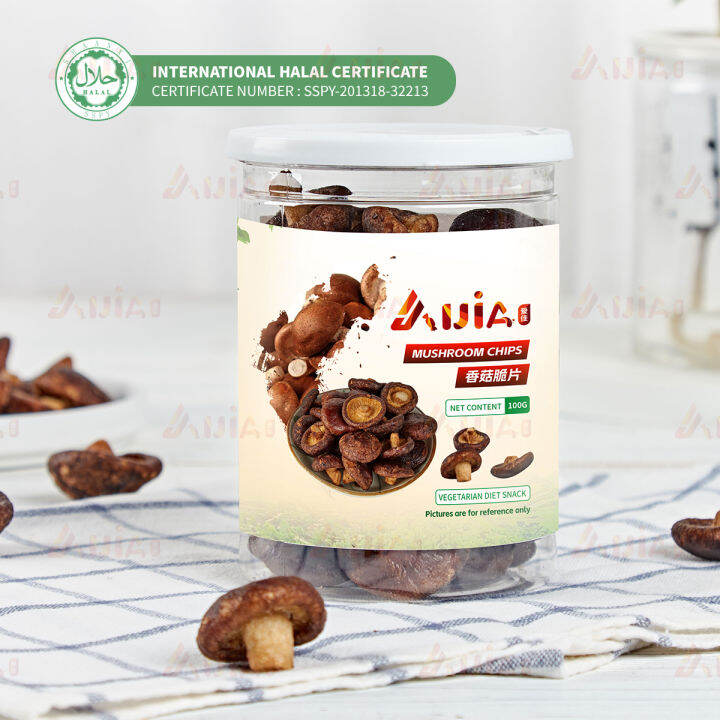 100g mushroom crisps, vacuum dehydrated, rich in dietary fibre