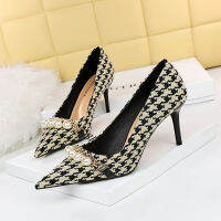 9283-A1 Thin Heel High Heel Shallow Notched Pointed Fabric Plaid Thousand Bird Plaid Metal Chain Pearl Single Shoe