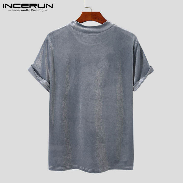 incerun-เสื้อทีเสื้อเชิ้ตแขนสั้นคอสูงสำหรับผู้ชายเสื้อแนวฮิปฮอปเสื้อเชิ้ต-ลดล้างสต๊อก