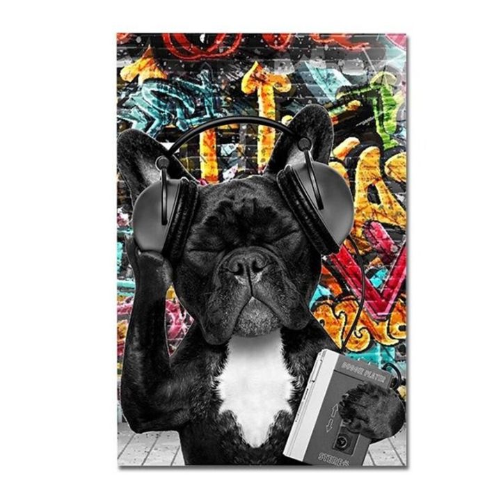 ภาพวาดผ้าใบสัตว์-graffiti-cat-dog-พร้อมหูฟังโปสเตอร์และภาพพิมพ์-wall-art-สำหรับตกแต่งห้องนั่งเล่น