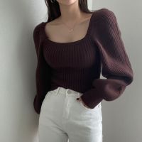 Temperament Square Neck Puff Sleeve Pure Color Knitted Top Women Waist Long Sleeve