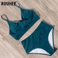 【TAKU Swimsuit】 RUUHEE ชุดว่ายน้ำผู้หญิงบิกินี่เอวสูง2022ผู้หญิงเสือดาวชุดว่ายน้ำที่เป็นของแข็งชุดว่ายน้ำหญิงที่มี Pad Push Up ชุดว่ายน้ำสตรี