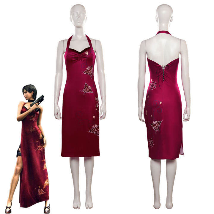 Resident Evil 4 Ada Wong Cosplay Costume Embroidered Cheongsam Style Red  Dress