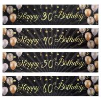 Black Gold Happy Birthday Banner Balloon Flags 30th 40th 50th 60th Years Old Birthday Party Background Bunting Banner Decoration Banners Streamers Con