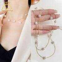 Light Luxury Retro ซ้อนสร้อยคอมุกผู้หญิงใหม่อินเทรนด์แฟชั่น Niche High-End อารมณ์ Collarbone Chain Hello Girl