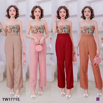 TW17715 Jumpsuit จั้มสูทแขนกุด ไหล่มุ้ง อกลยดอกไม้