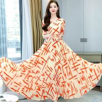 2022 new temperament v-neck chiffon horn sleeve show thin female summer beach dress skirt waist long dress 2022