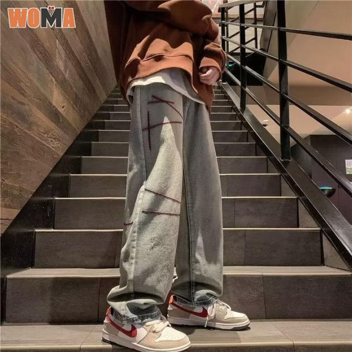 woma-กางเกงยีนส์แฟชั่นชายวินเทจกางเกงขายาวทรงหลวมอเมริกัน