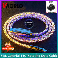 VAORLO 6A USB ดั้งเดิม120W สายสายชาร์จเร็ว RGB ซิมโฟนี180 ° เหล็กหมุนสายถ่ายโอนข้อมูล Micro/Type/Lightning ที่ชาร์จสายสามารถใส่ได้กับ iPhone