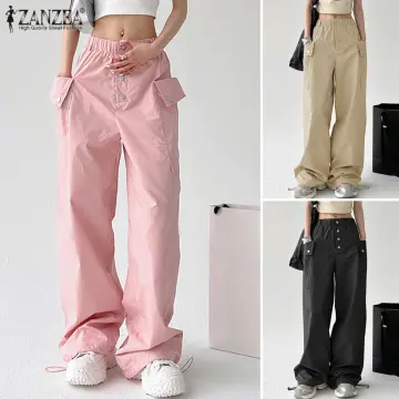 Shop Esolo Zanzea Style Women Plain Wide Leg Pockets Pants online