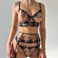 Clarissali Erotic Thin Section See-Through Embroidery Underwire Garter Thong