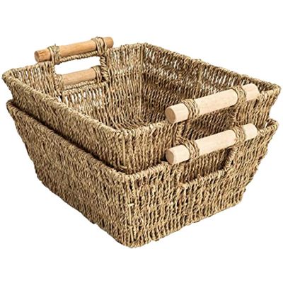 2PCS Handmade Woven Wicker Storage Baskets Seagrass Shelf Baskets with Wooden Handles
