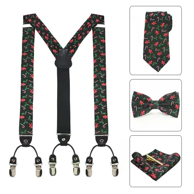 JEMYGINS fashion Men Christmas Suspenders Belt 100 Silk Necktie Jacquard Woven Bow Tie For Men Pocket square Tie clip sets