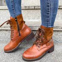 Plus Size Short Boots for Women Winter Patchwork Retro British Style Side Zipper Short Boots Botas Femininas De Couro Legitmos