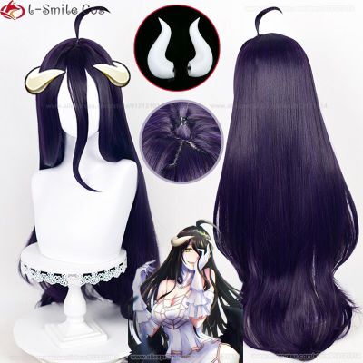 100Cm Albedo Cosplay Wig  Anime Overlord Cosplay Albedo Wigs Deep Purple Black Wig Horns Heat Resistant Synthetic Wigs + Wig Cap