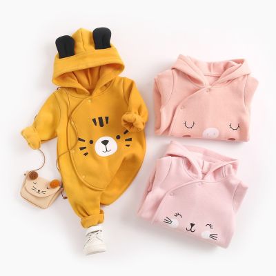Cute Infant Baby Bodysuits Winter Baby Girls Boys Clothes Cartoon Printing with Hooded