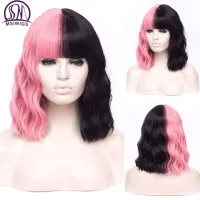 MSIWIGS Short Two Tone Black Pink Red Purple Color Wig Cosplay Bobo Synthetic Ombre Wavy for White Woman Cos Wig  Hair Extensions Pads