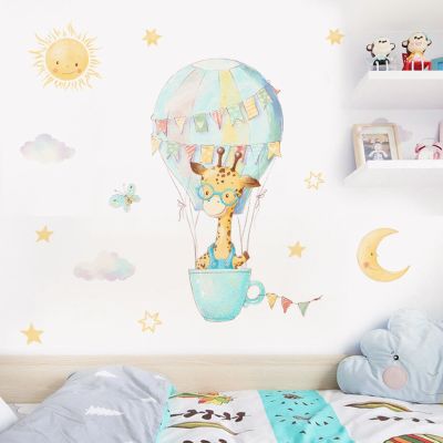 Hand Paint Watercolor Hot Air Balloon Sun Moon Wall Stickers for Kids Room Baby Nursery Room Wall Decal Girl Home Decorative