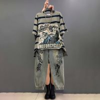 COD DSFDGDFFGHH Fat mm large size womens clothing spring new mid-length inequality short-sleeved T-shirt Western style graffiti jeans two-piece set