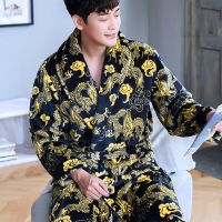 HOT★Robe สำหรับผู้ชาย Dressing Gown ชุดนอนที่อบอุ่นเสื้อคลุมอาบน้ำ Lounge Nightgown ขนาดใหญ่ Leisure Pakaian Rumahan