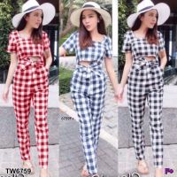 J6759 Jumpsuit จั๊มสูท ลายสก๊อต แขนสั้น