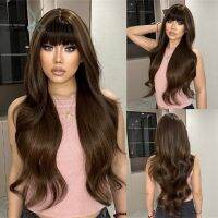 ﺴ✌ ALAN EATON Dark Brown Highlight Water Wavy Wigs with Bangs Long Layerd Wave Synthetic Wig Natural Looking High Temperature Hair