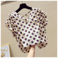 Fashion womens wide truffle shoulder lotus leaf top fashion V-neck Print Dots Vintage Sweet Elegant Chiffon shirt Tops