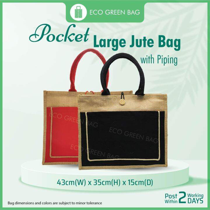 Jute Bag Large with Colour Canvas Pocket and Button A3 Beg Jute Besar