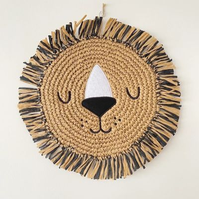 Nordic Handwoven Animal Head Wall Hanging Decoration INS Straw Weaving Lion Panda Ornament for Children Room Baby Nursery Decor