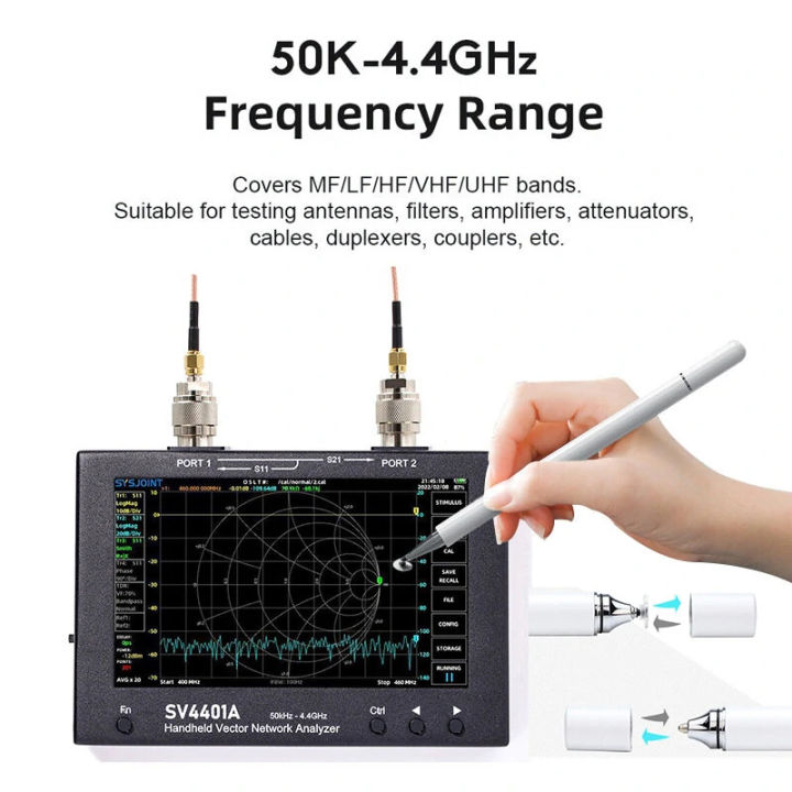 sv4401a-เวกเตอร์หน้าจอสัมผัสขนาด7นิ้วตัววิเคราะห์เครือข่ายตัววิเคราะห์เครือข่ายนาโนฟนาแบบไดนามิก100db-50hz-4400mhz