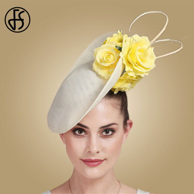 FS Beige White Kentucky Big Fascinators For Wedding Hair Cocktail Church Hats Elegant Women Fedora Lady Fancy Flower Headwear