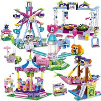 Friends Amusement Park Building Blocks Ferris Wheel Carousel Pirate Ship Bumper Car Educational DIY Bricks Toys for Girls Gifts Building Sets