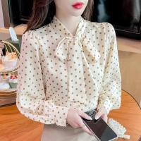 เสื้อเชิ๊ตผู้หญิงลายเสื้อลายจุดใหม่สำหรับฤดูใบไม้ผลิ2023 4XL Atasan Sifon แขนยาว