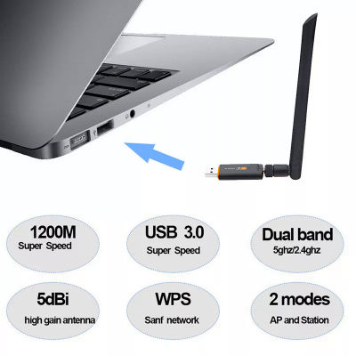 อะแดปเตอร์ USB WiFi ไร้สาย1200Mbps Dual Band 2.45Ghz พร้อมการ์ดเครือข่าย802.11AC ทางอากาศตัวรับสัญญาณ USB3.0ความเร็วสูง