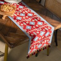 Modern Simple Polyester Jacquard Geometric Red Festive New Year Tassel Table Runner Cloth Wedding Tablecloth Decoration Country