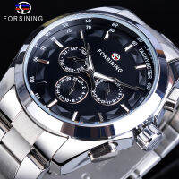 Forsining Mens Mechanical นาฬิกาสีดำ6มือวันที่อัตโนมัติ Self-Winding เงินสแตนเลสสตีลนาฬิกาข้อมือนาฬิกา Relogio