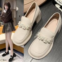 British sle sm leather shoes female dgn feeg e loafers fashn pearl unky heels high heels