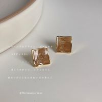 [COD] A sense of luxury caramel coffee 925 silver needle plated 14K square geometric irregular oil drop earrings women