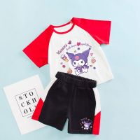 Sanrioes Anime Kuromi Melody Pikachu Summer Kids Summer ชุดผ้าฝ้ายชุดกีฬาเด็กผู้หญิงเสื้อยืด + กางเกงขาสั้น 2 ชิ้นของขวัญ