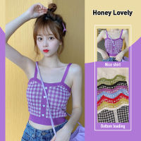 Honey Lovely เสื้อผู้หญิง2022สินค้ามาใหม่แฟชั่นเกาหลีไหมพรมลายสก๊อตปาดไหล่เสื้อโชว์หลังผู้หญิงเสื้อกล้าม HON863