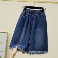 LI【มีไซส์ใหญ่】Plus Size Womens M-5XL Elastic Waist Denim Shorts Cal Solid Color Straight Blue Knee length Shorts with Pockets