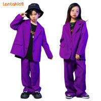 lontakids สูทแขนยาวสีม่วงเด็กเด็กผู้ชายเด็กผู้หญิง4-16ปี (แจ็คเก็ต + กางเกง) ชุดทางการชุดการแสดงบนเวทีงานแต่งงานวันเกิด