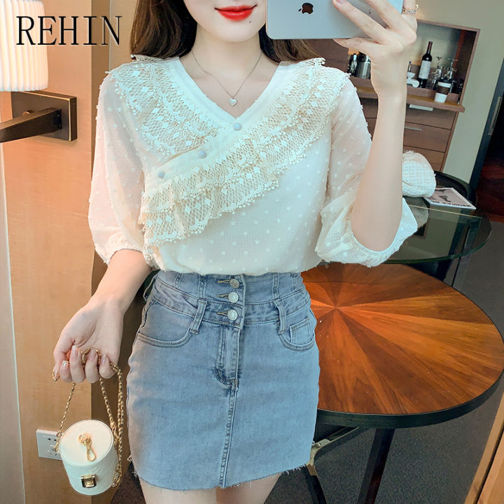 rehin-เสื้อเชิ๊ตผู้หญิงคอวี-เสื้อเชิ๊ตผู้หญิงผ้าชีฟองคอวีลูกไม้ฝรั่งเศสการออกแบบแฟชั่นใหม่ฤดูร้อน