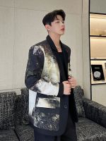 ZZOOI Ink Printing Trend New Versatile Suit Mens Top 2023 Fashion Contrast Color Temperament Long Sleeve Vintage 2A3928