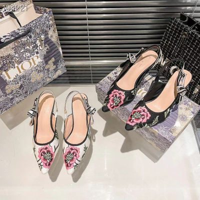 【Original Label】Spring/Summer Embroidery Letter Band Sandals 2023 New Thin Heel Pointed Back Hollow High Heel Sandals Versatile Headed Single Shoe Women