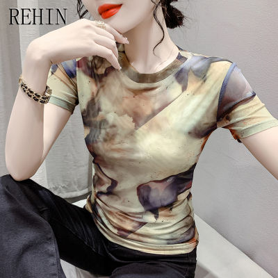 REHIN เสื้อยืดผู้หญิงฤดูร้อนแฟชั่นตาข่ายพิมพ์ลายไม่ซ้ำใคร,เสื้อคอกลมแขนสั้นเสื้อยอดนิยมสไตล์เกาหลีเข้ารูปลายดอกไม้