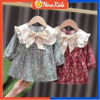 NINAKIDS 0-4ปีชุดเดรสสำหรับเด็กแฟชั่นกระโปรงเจ้าหญิงแขนขาวลายดอกไม้